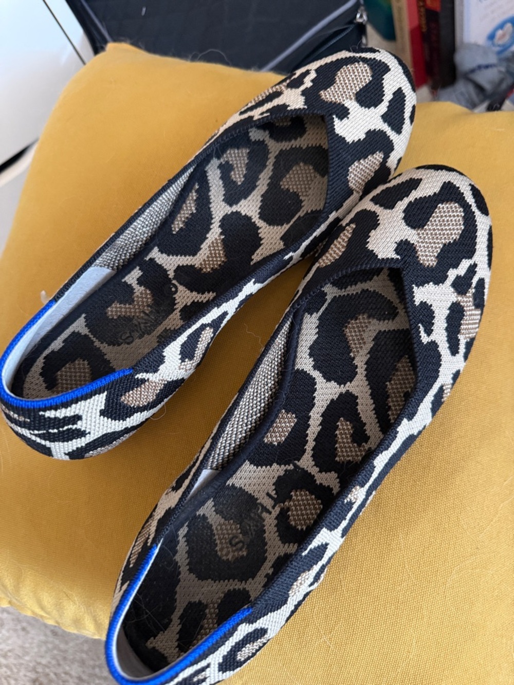 Rothy's Leopard Print Ballet Flats in Black and Tan with Blue Trim